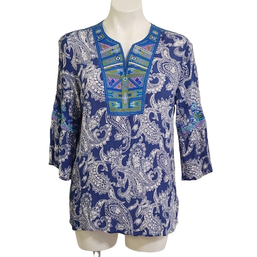 Calessa top blue gauze 3/4 bell sleeve M